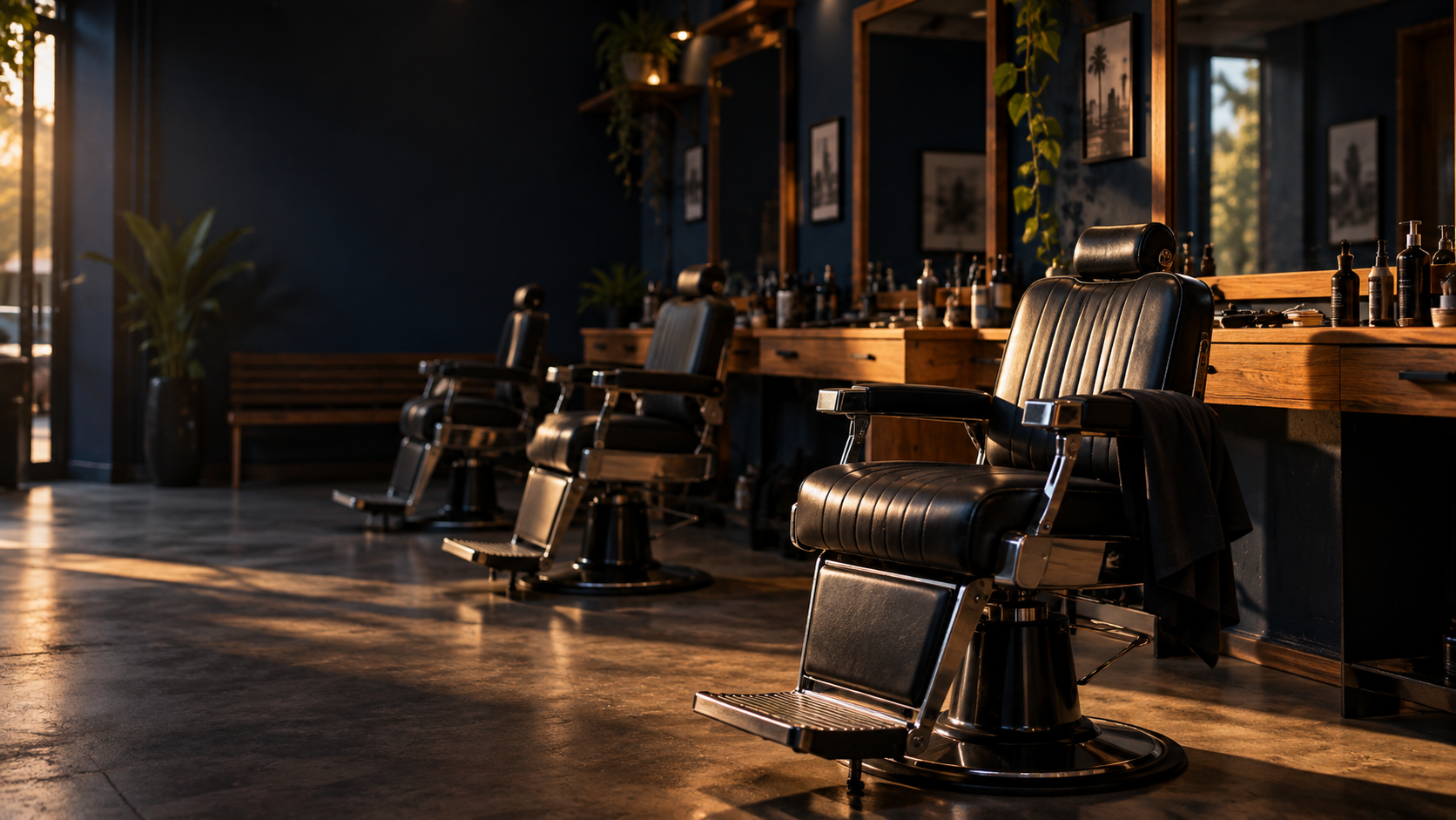 Cadeiras vazias em uma barbearia no fim da tarde